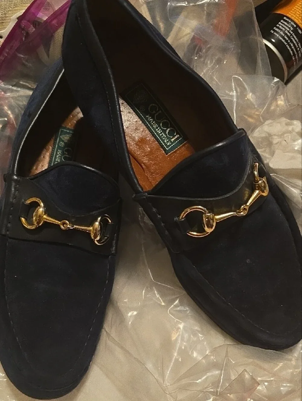Gucci Navy Blue Suede Loafers with Brown Leather Insole